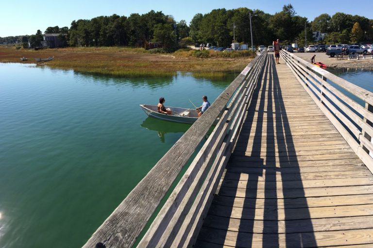 Walking bridge with Footbridge Beach parking-lot in Ogunquit, Maine